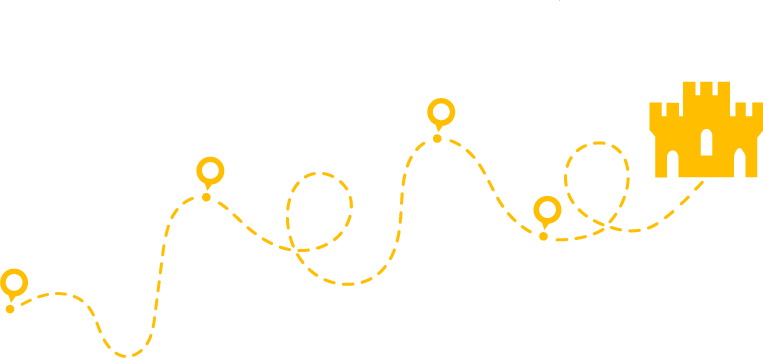 Percorso a tappe che conduce a un castello, rappresentato da linee tratteggiate gialle.