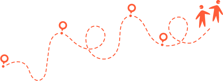 Percorso a zigzag con icone di posizione e due figure stilizzate.